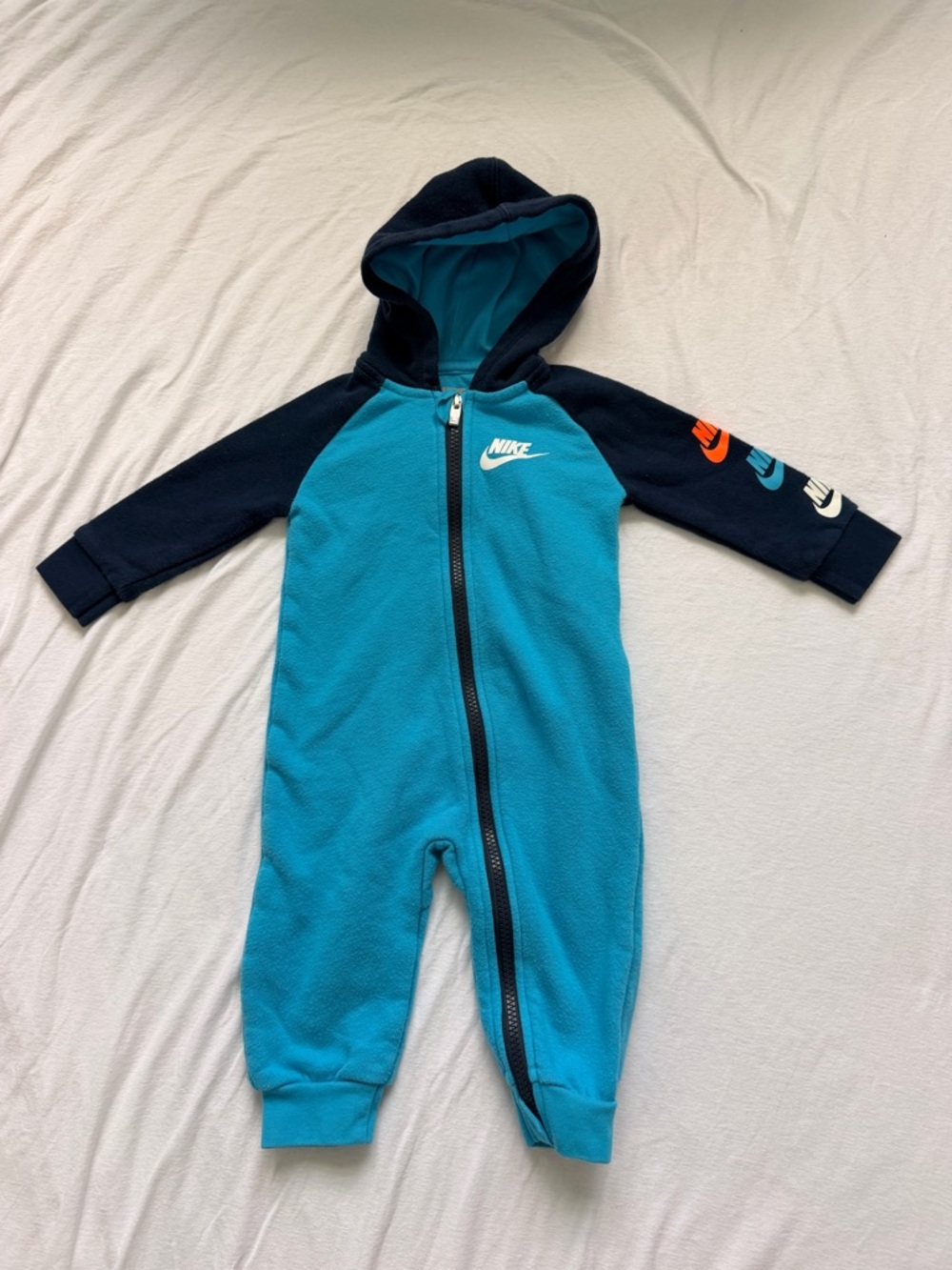Nike Baby Fleece Hooded Romper 9M Blue Full Zip Footless Swoosh Sleeve